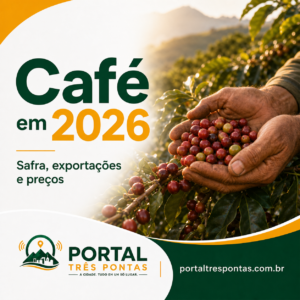Arte do Portal Três Pontas sobre safra, exportações e preços do café em 2026