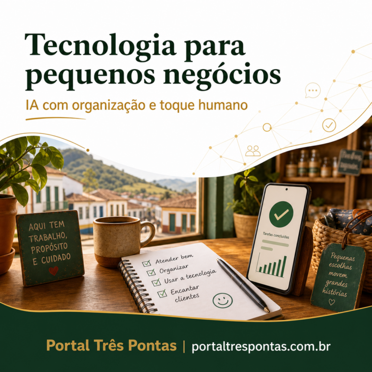 Arte ilustrativa sobre inteligência artificial aplicada a pequenos negócios, com referência a redes sociais, métricas, anúncios e ferramentas digitais.
