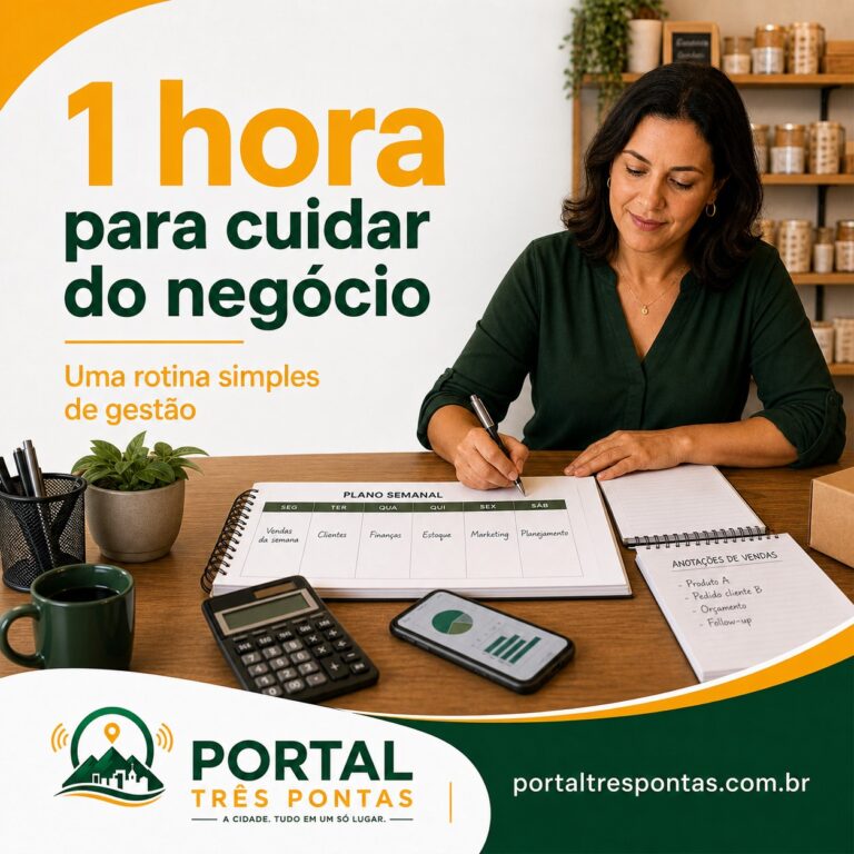 Arte do Portal Três Pontas apresentando uma rotina semanal de gestão para pequenos negócios.