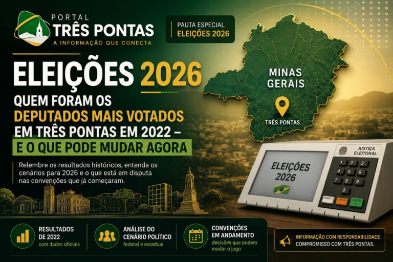 Arte das Eleições 2026 com mapa de Minas Gerais, localização de Três Pontas e urna eletrônica, destacando os deputados mais votados no município em 2022.