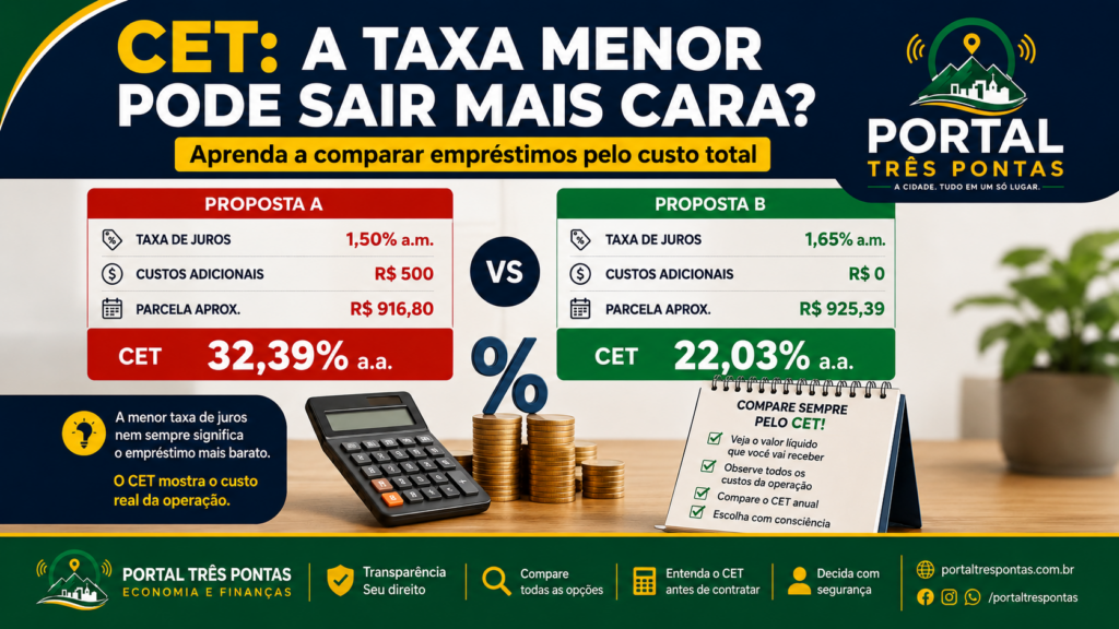 Arte do Portal Três Pontas sobre Custo Efetivo Total (CET) o que é e como comparar empréstimos