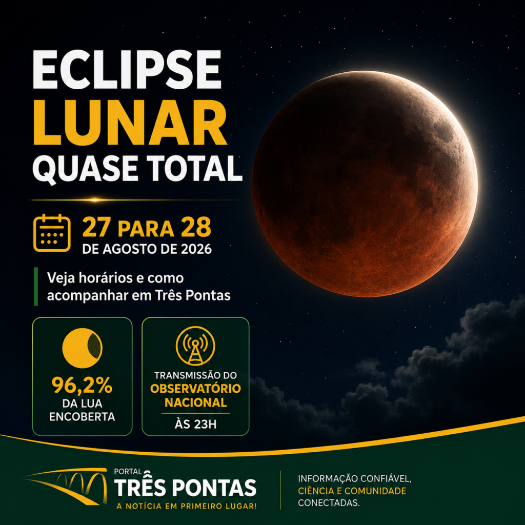 Eclipse lunar de 27 de agosto de 2026: horários e orientações para acompanhar o fenômeno em Três Pontas.