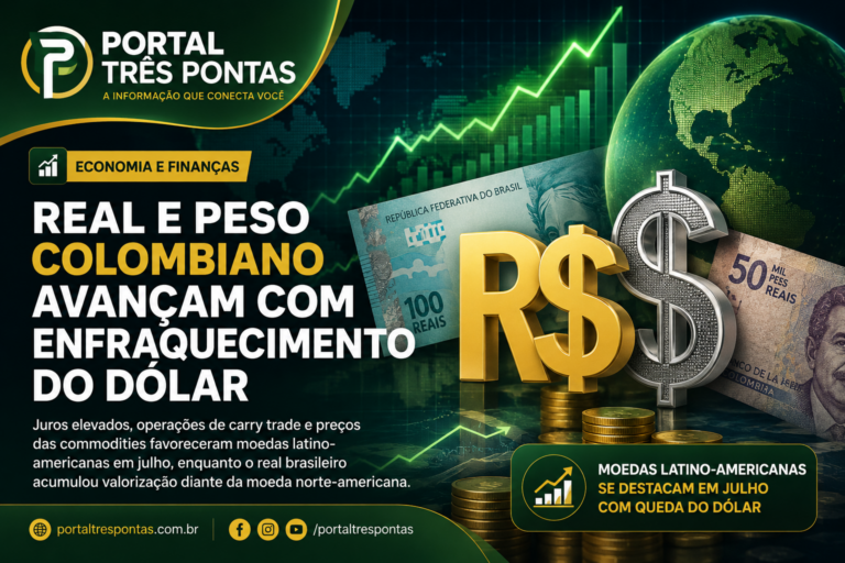 Arte do Portal Três Pontas sobre economia e finanças mostrando o real brasileiro e o peso colombiano em destaque diante do símbolo do dólar, gráficos de alta, moedas, globo terrestre e cédulas dos dois países. A imagem ilustra a notícia sobre a valorização do real e do peso colombiano impulsionada pela queda do dólar, pelos juros elevados, operações de carry trade e alta das commodities na América Latina.