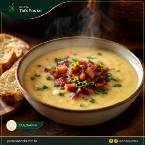 Caldo de mandioca com bacon servido em tigela, com textura cremosa, bacon dourado, cheiro-verde e pão rústico ao lado.