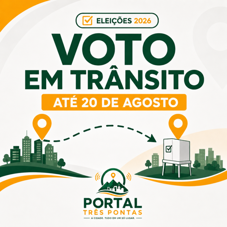 Arte informativa sobre voto em trânsito nas Eleições 2026, com rota entre cidades e urna eleitoral