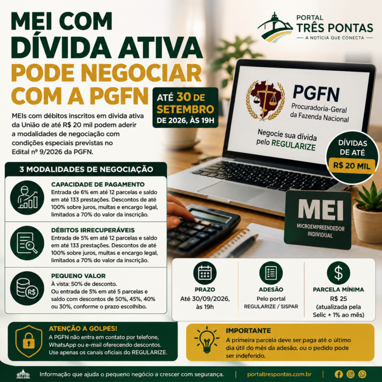 Arte do Portal Três Pontas sobre negociação de dívida ativa para MEI, com referência à PGFN, parcelamento, pequeno negócio e prazo até 30 de setembro de 2026.