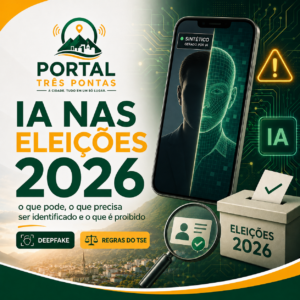 Arte ilustrativa sobre inteligência artificial usada em matéria do Portal Três Pontas sobre regras de IA, conteúdo sintético e deepfakes nas Eleições 2026.