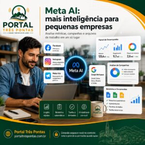 Arte ilustrativa sobre inteligência artificial aplicada a pequenos negócios, com referência a redes sociais, métricas, anúncios e ferramentas digitais.