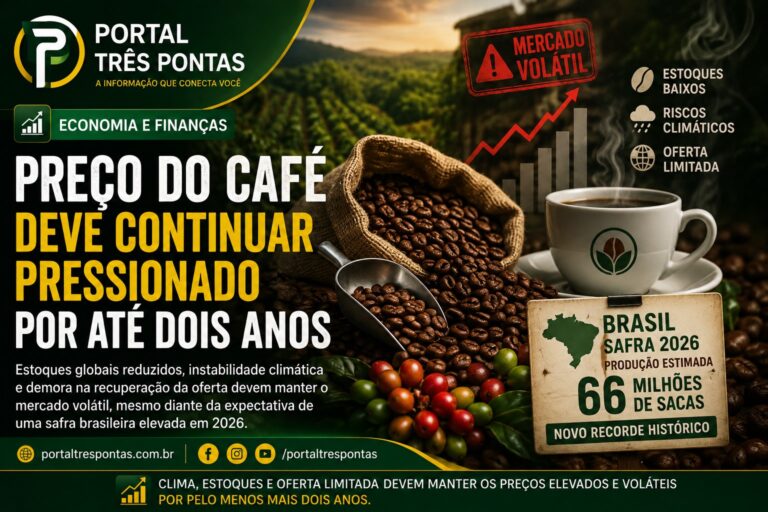 Arte jornalística do Portal Três Pontas sobre a alta do preço do café, com lavoura ao fundo, grãos torrados, frutos de café, xícara fumegante e gráfico ascendente. A imagem destaca estoques baixos, riscos climáticos, oferta limitada e a estimativa de safra brasileira de 66 milhões de sacas em 2026, indicando mercado volátil e preços pressionados por até dois anos.