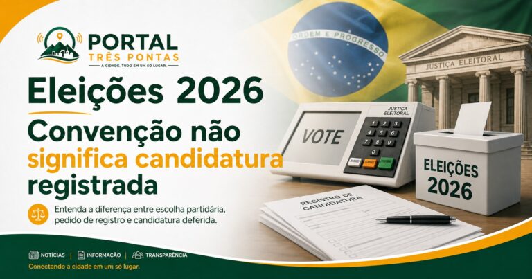 Imagem de capa do Portal Três Pontas sobre as Eleições 2026, com urna eletrônica, bandeira do Brasil e elementos da Justiça Eleitoral. Em destaque, o texto: ‘Eleições 2026 — Convenção não significa candidatura registrada’, explicando a diferença entre escolha partidária, pedido de registro e candidatura deferida.