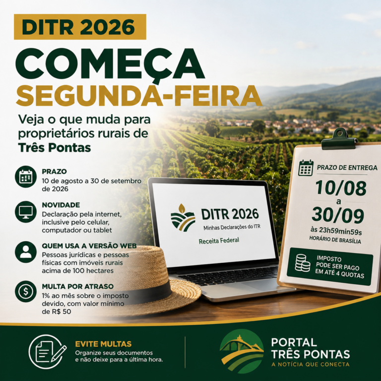 Arte do Portal Três Pontas sobre a DITR 2026, com referência a imóvel rural, produtor e declaração do ITR; prazo vai de 10 de agosto a 30 de setembro.
