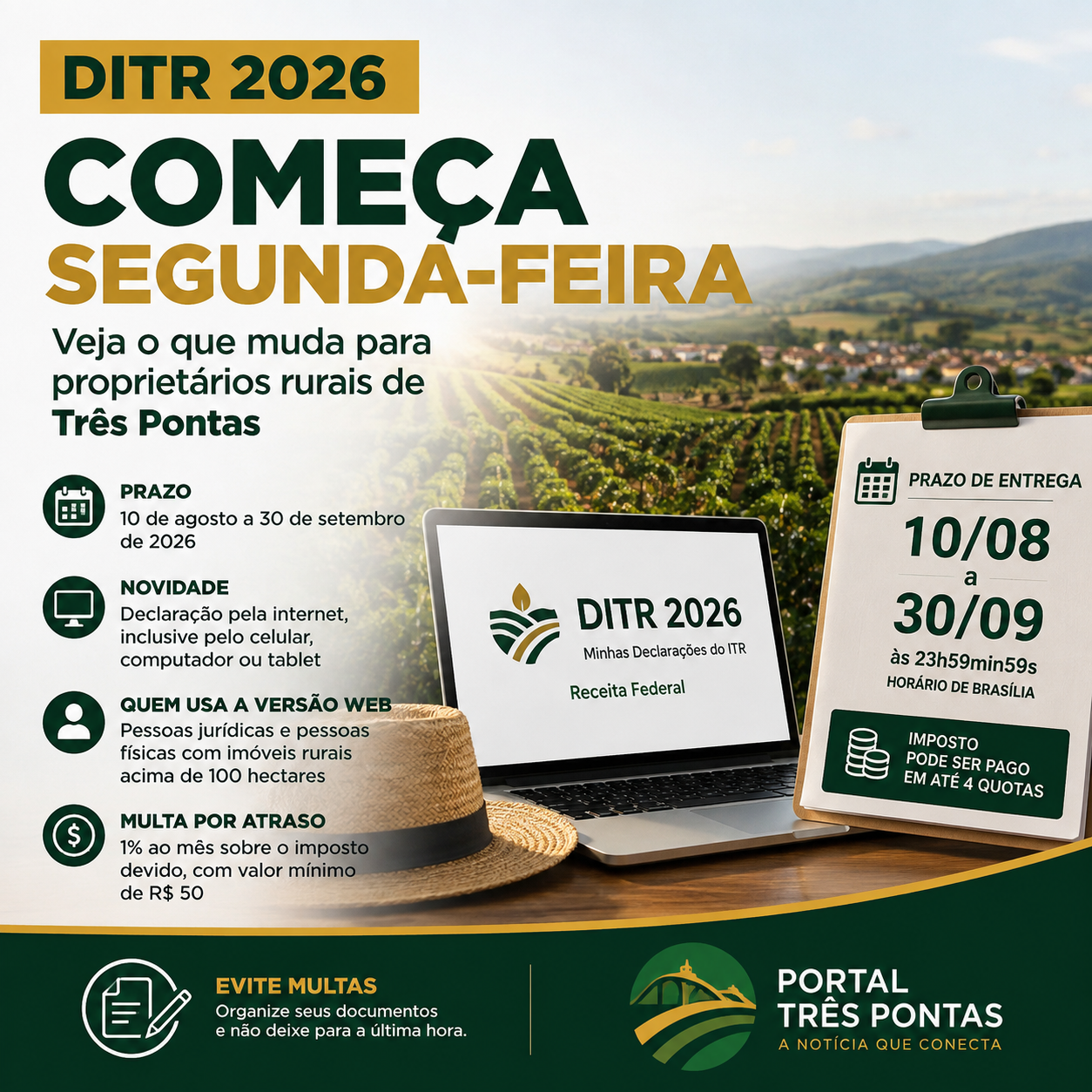 DITR 2026 começa segunda-feira: veja o que muda para proprietários rurais de Três Pontas